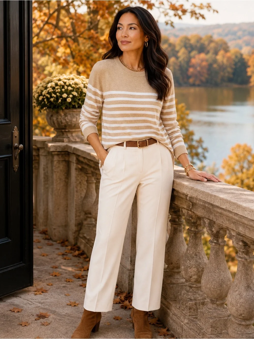 J.Crew Teddie 100% Cotton Striped Sweater Tan White XS Small Classic Nautical